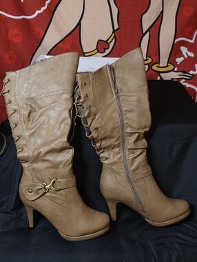 Lace-Up Knee-High Heeled Boots Khaki Size 10